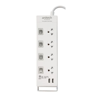 ANITECH Power Strip (4 Outlet,4 Switch,2 USB, White) H5254 WH