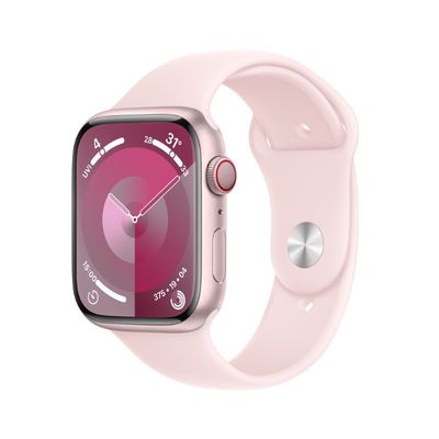 APPLE Watch Series 9 GPS + Cellular 2023 (45mm., S/M Size, Pink Aluminum Case, Light Pink Sport Band)