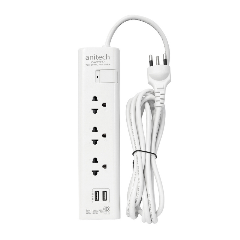 ANITECH Power Strip (3 Outlet, 2 USB, 3M, White) H5133-WH