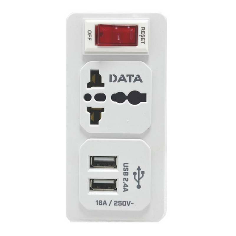 DATA Power Adapter (3 pin, 1 outlet, 1 Switch, 2 USB, White) AL39