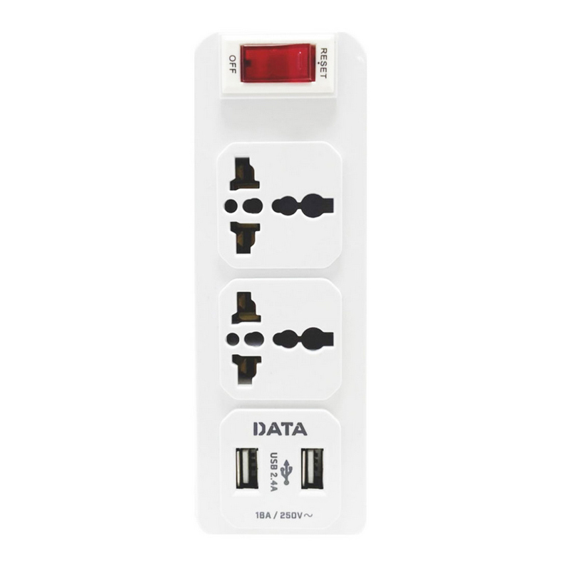DATA Power Adapter (3 pin, 2 outlet, 1 Switch, 2 USB, White) AL56