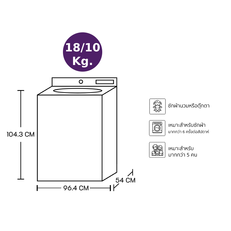 LG Top Load Twin Tub Washing Machine (18/10 kg) TT18NAPG.DBMPETH_Dimensions