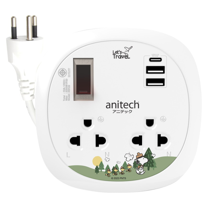 Anitech x Peanuts ปลั๊กไฟพกพา (2 ช่อง, 1 สวิตซ์, 3 USB, 1 ม., สีขาว) รุ่น SNP-H9122